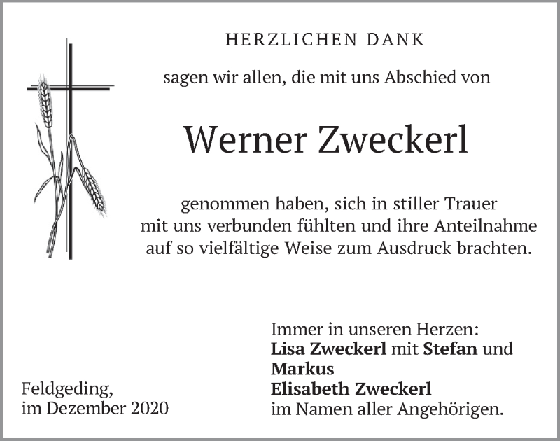  Traueranzeige für Werner Zweckerl vom 12.12.2020 aus merkurtz