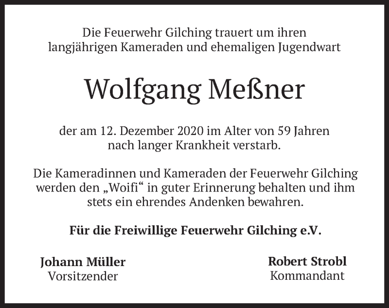  Traueranzeige für Wolfgang Meßner vom 19.12.2020 aus merkurtz