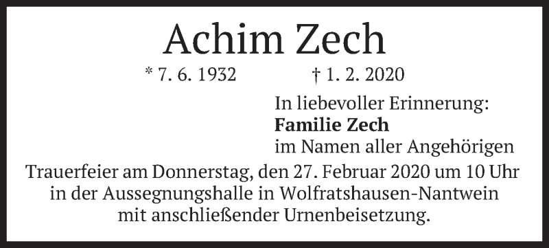  Traueranzeige für Achim Zech vom 22.02.2020 aus merkurtz