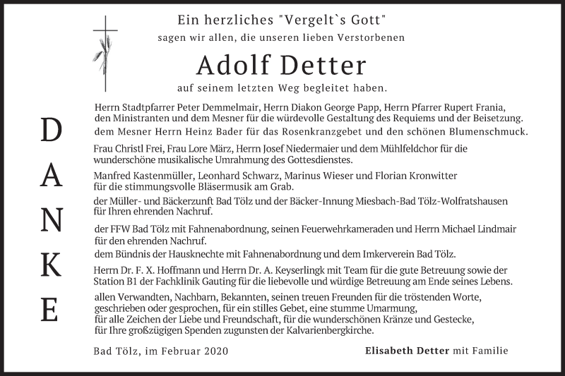  Traueranzeige für Adolf  Detter vom 08.02.2020 aus merkurtz