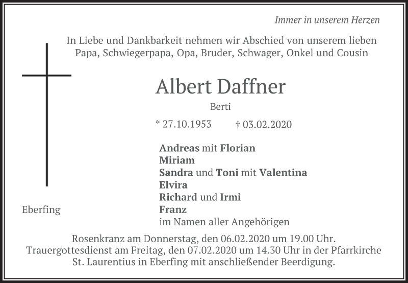  Traueranzeige für Albert  Daffner vom 05.02.2020 aus merkurtz