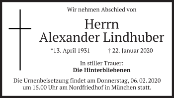 Traueranzeige von Alexander Lindhuber von merkurtz