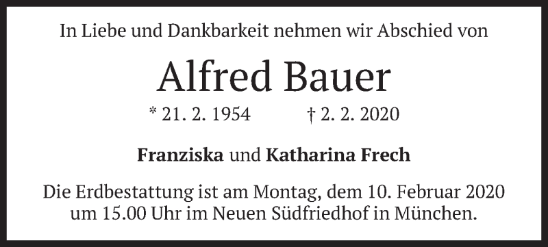  Traueranzeige für Alfred Bauer vom 06.02.2020 aus merkurtz