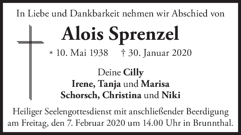  Traueranzeige für Alois Sprenzel vom 05.02.2020 aus merkurtz