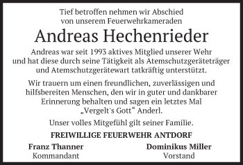 Traueranzeige von Andreas Hechenrieder von merkurtz