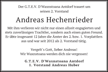 Traueranzeige von Andreas Hechenrieder von merkurtz