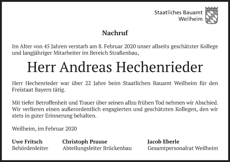  Traueranzeige für Andreas Hechenrieder vom 12.02.2020 aus merkurtz