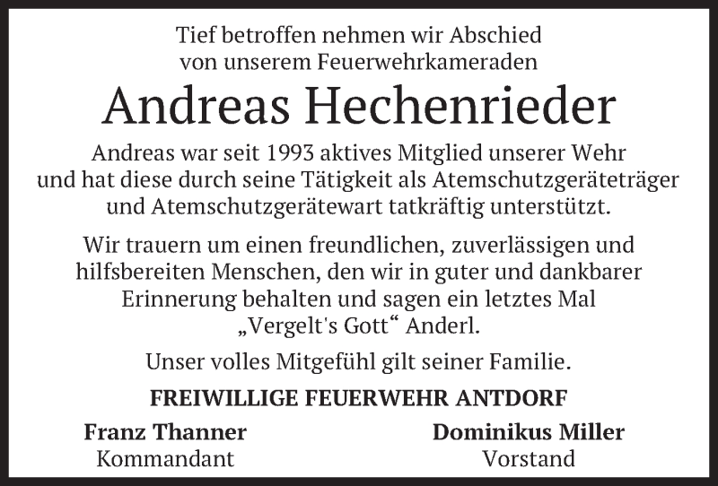  Traueranzeige für Andreas Hechenrieder vom 11.02.2020 aus merkurtz