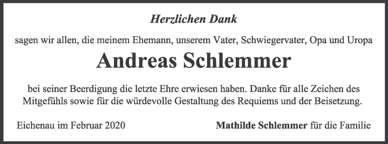  Traueranzeige für Andreas Schlemmer vom 14.02.2020 aus merkurtz