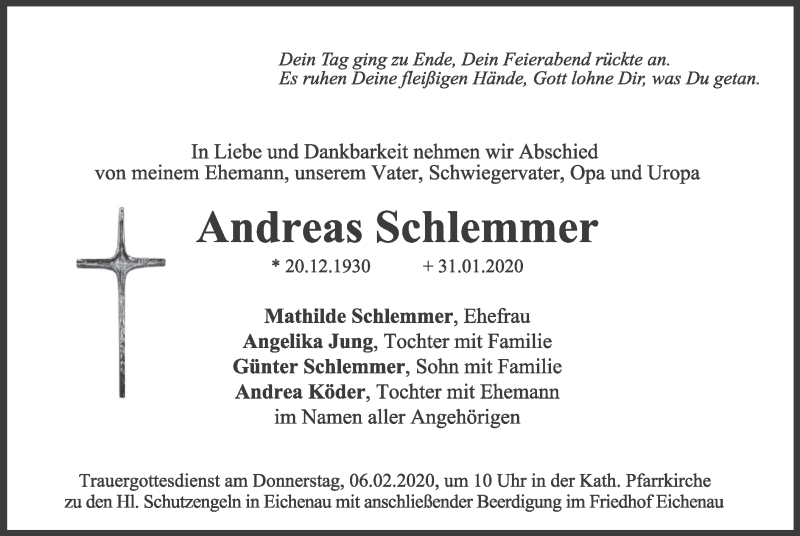  Traueranzeige für Andreas Schlemmer vom 04.02.2020 aus merkurtz
