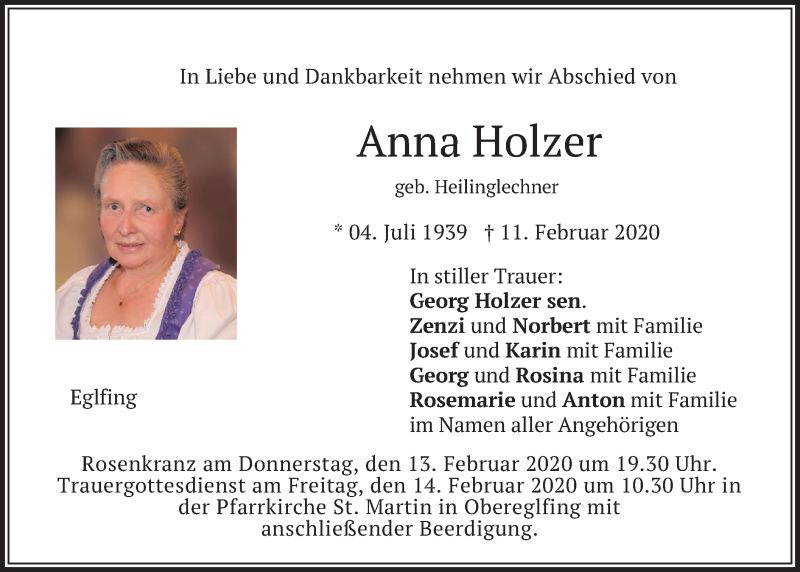  Traueranzeige für Anna Holzer vom 12.02.2020 aus merkurtz