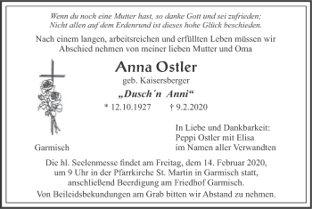 Traueranzeige von Anna  Ostler von merkurtz