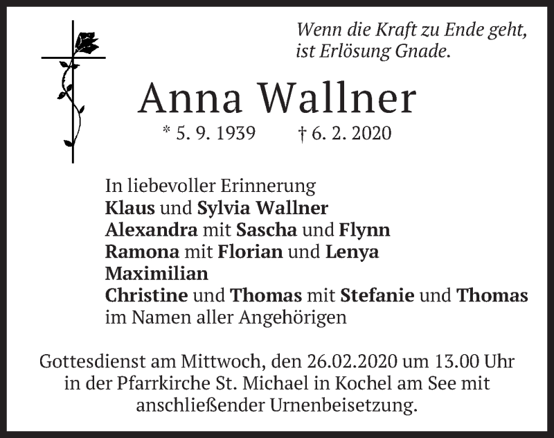  Traueranzeige für Anna Wallner vom 22.02.2020 aus merkurtz