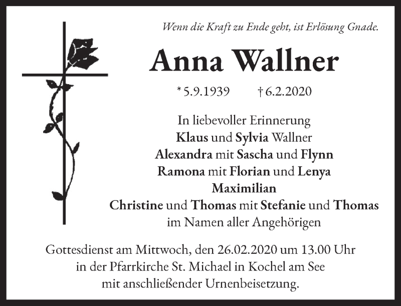  Traueranzeige für Anna Wallner vom 22.02.2020 aus Das Gelbe Blatt Penzberg