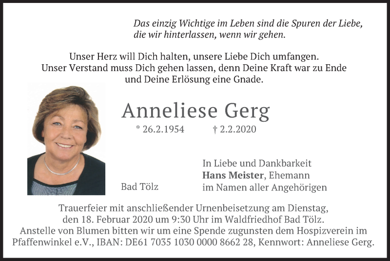 Traueranzeige für Anneliese Gerg vom 15.02.2020 aus merkurtz
