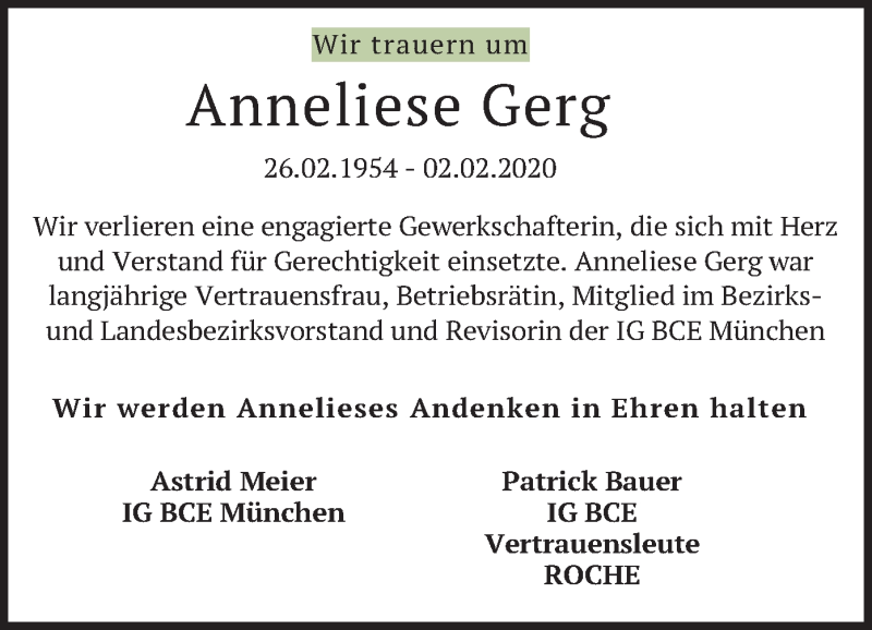  Traueranzeige für Anneliese Gerg vom 18.02.2020 aus merkurtz