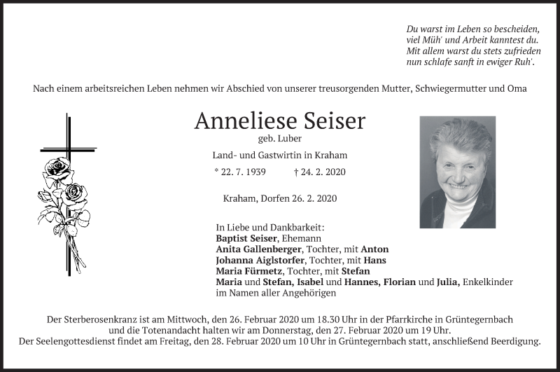  Traueranzeige für Anneliese Seiser vom 26.02.2020 aus merkurtz