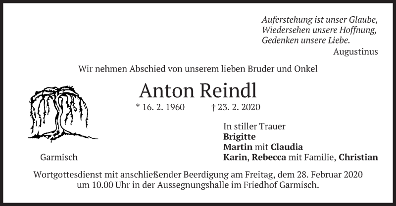  Traueranzeige für Anton Reindl vom 26.02.2020 aus merkurtz