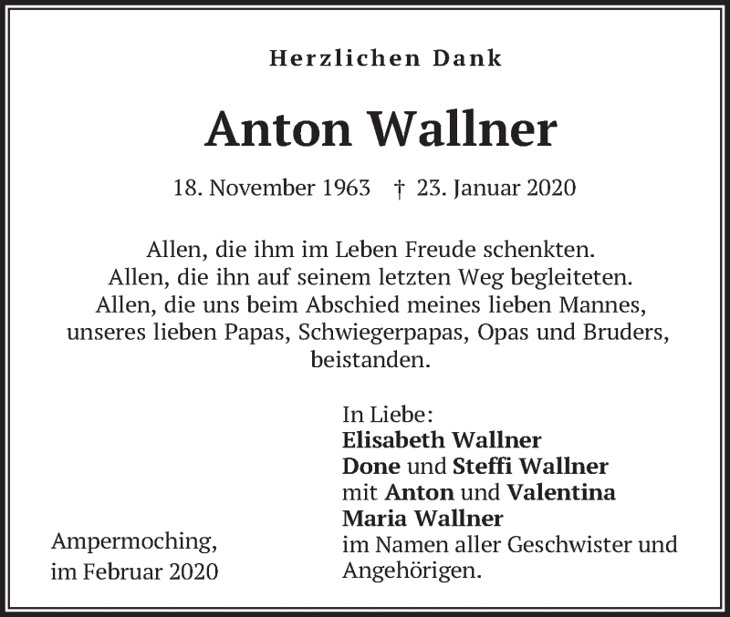  Traueranzeige für Anton Wallner vom 08.02.2020 aus merkurtz