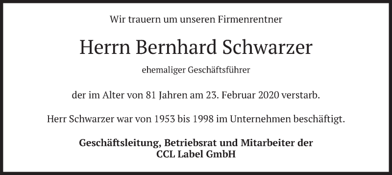  Traueranzeige für Bernhard Schwarzer vom 27.02.2020 aus merkurtz