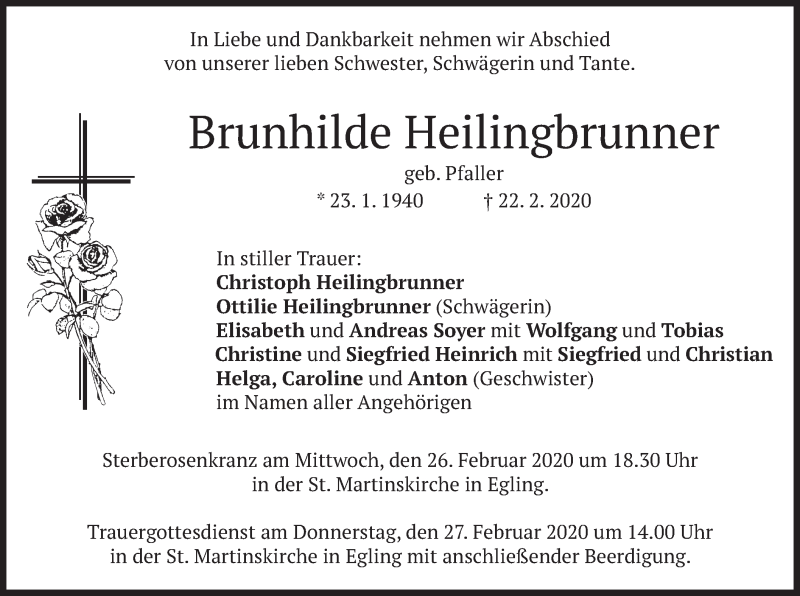  Traueranzeige für Brunhilde Heilingbrunner vom 25.02.2020 aus merkurtz