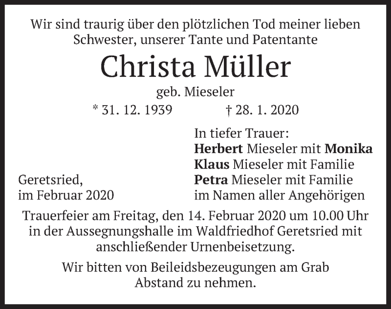  Traueranzeige für Christa Müller vom 08.02.2020 aus merkurtz