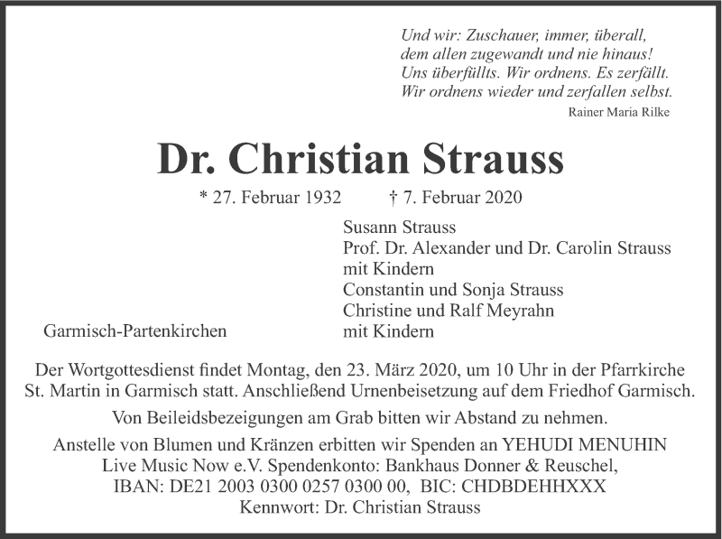  Traueranzeige für Christian Strauss vom 15.02.2020 aus merkurtz