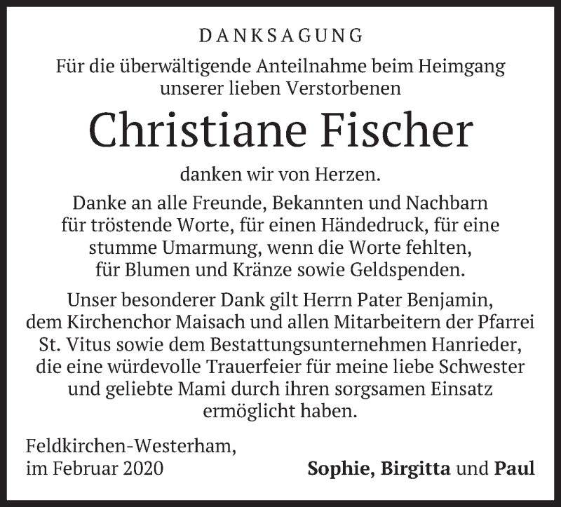  Traueranzeige für Christiane Fischer vom 22.02.2020 aus merkurtz