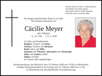 Traueranzeige von Cäcilie Meyer von merkurtz