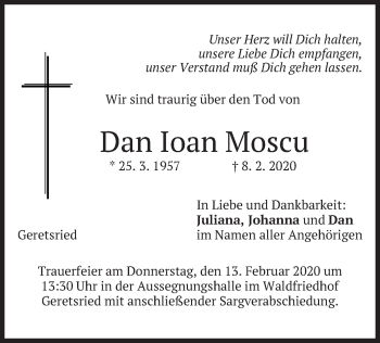 Traueranzeige von Dan Ioan Moscu von merkurtz