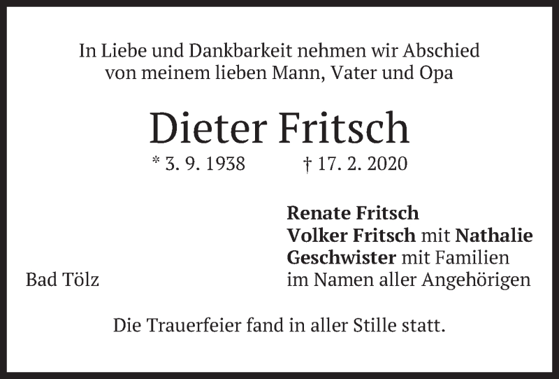  Traueranzeige für Dieter Fritsch vom 29.02.2020 aus merkurtz