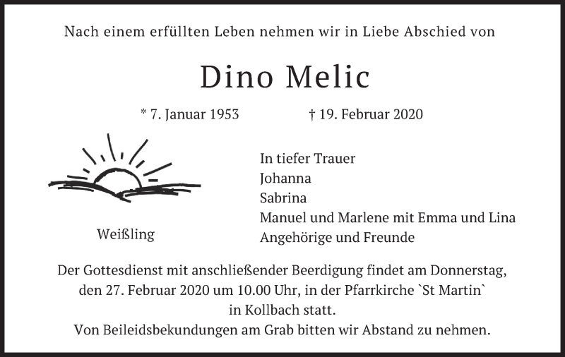  Traueranzeige für Dino Melic vom 22.02.2020 aus merkurtz