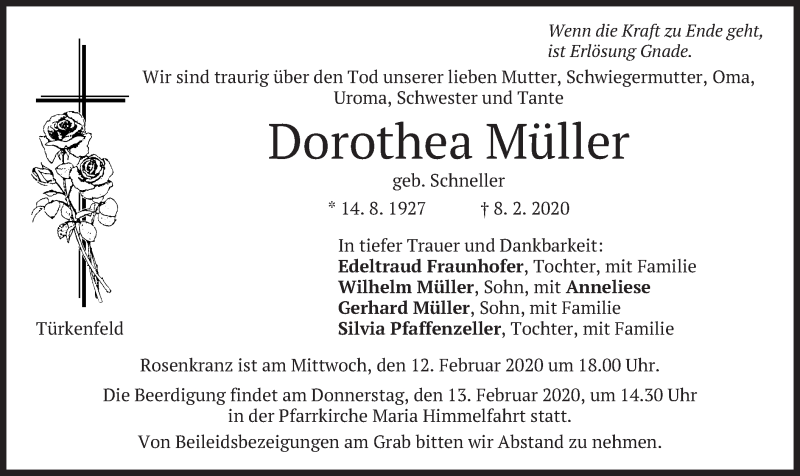  Traueranzeige für Dorothea Müller vom 11.02.2020 aus merkurtz