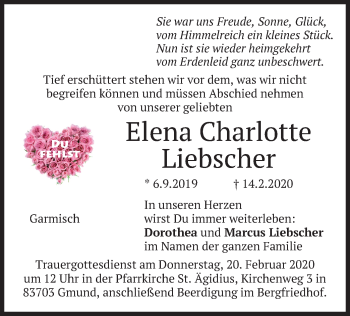 Traueranzeige von Elena Charlotte Liebscher von merkurtz