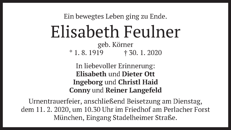  Traueranzeige für Elisabeth Feulner vom 07.02.2020 aus merkurtz