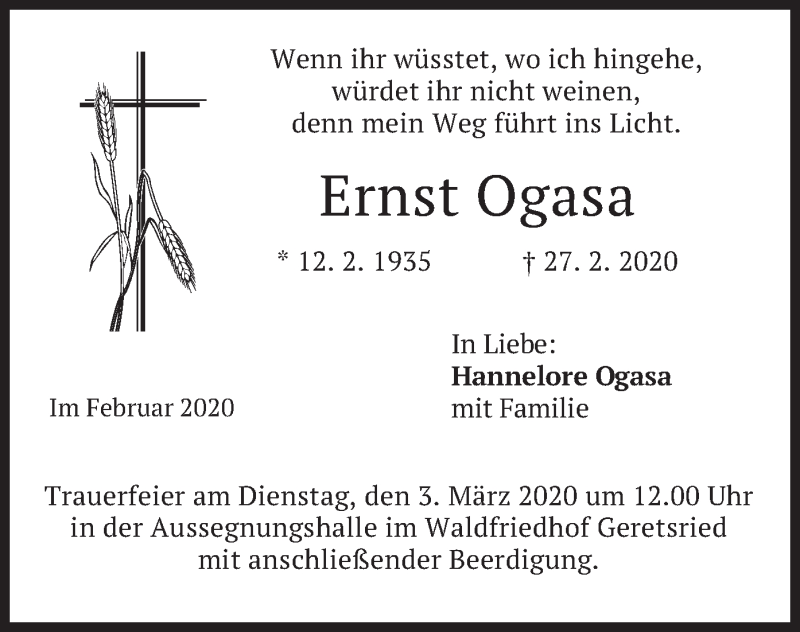  Traueranzeige für Ernst Ogasa vom 29.02.2020 aus merkurtz
