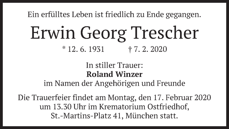  Traueranzeige für Erwin Georg Trescher vom 15.02.2020 aus merkurtz