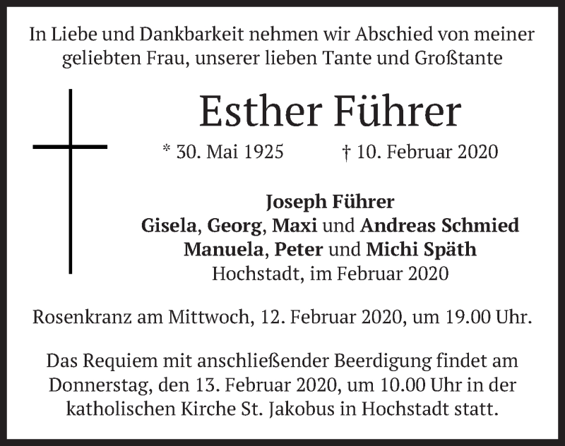  Traueranzeige für Esther Führer vom 11.02.2020 aus merkurtz