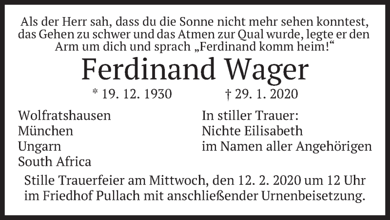  Traueranzeige für Ferdinand Wager vom 10.02.2020 aus merkurtz