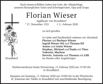 Traueranzeige von Florian Wieser von merkurtz