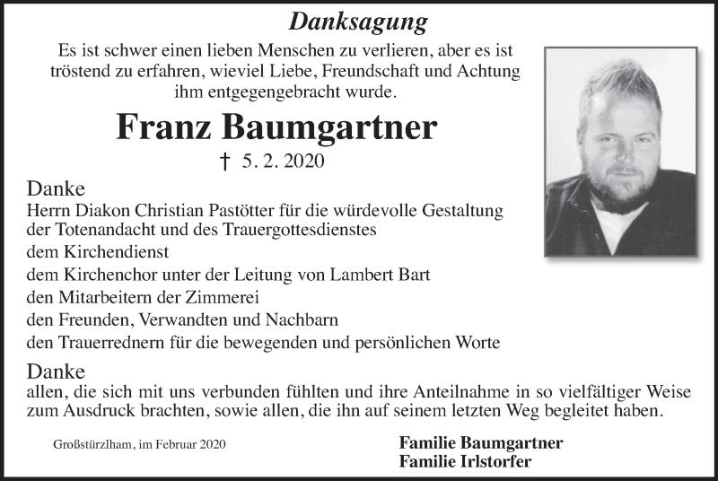  Traueranzeige für Franz  Baumgartner vom 22.02.2020 aus merkurtz