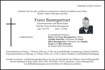 Traueranzeige von Franz  Baumgartner von merkurtz