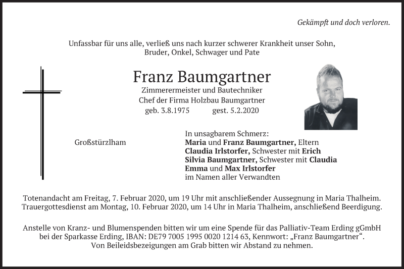  Traueranzeige für Franz  Baumgartner vom 06.02.2020 aus merkurtz