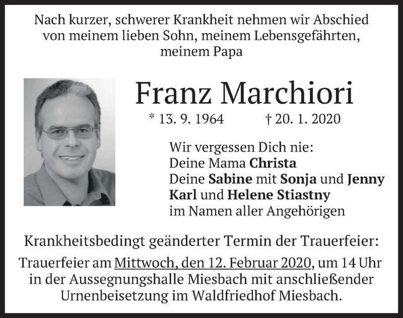  Traueranzeige für Franz Marchiori vom 05.02.2020 aus merkurtz