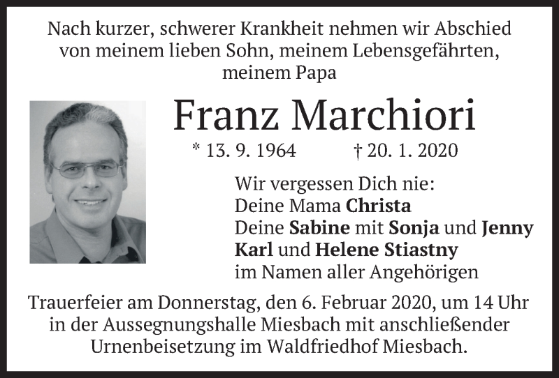  Traueranzeige für Franz Marchiori vom 04.02.2020 aus merkurtz