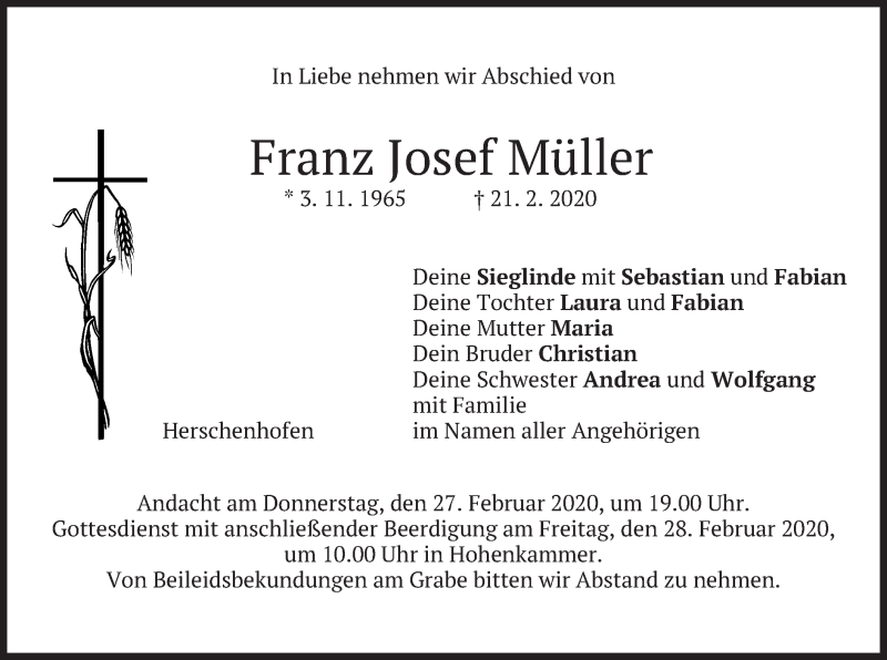  Traueranzeige für Franz Josef Müller vom 25.02.2020 aus merkurtz