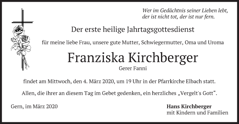  Traueranzeige für Franziska Kirchberger vom 29.02.2020 aus merkurtz