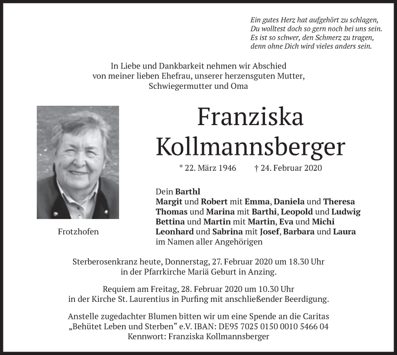  Traueranzeige für Franziska Kollmannsberger vom 27.02.2020 aus merkurtz
