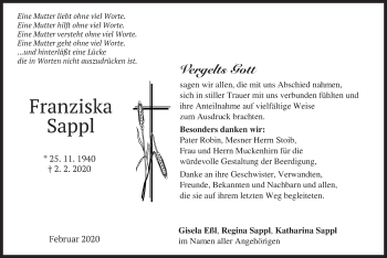 Traueranzeige von Franziska  Sappl von merkurtz