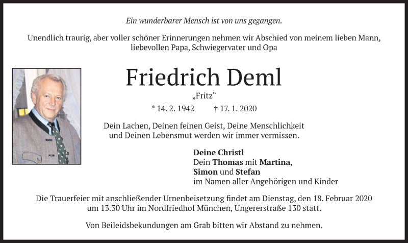  Traueranzeige für Friedrich  Deml vom 15.02.2020 aus merkurtz